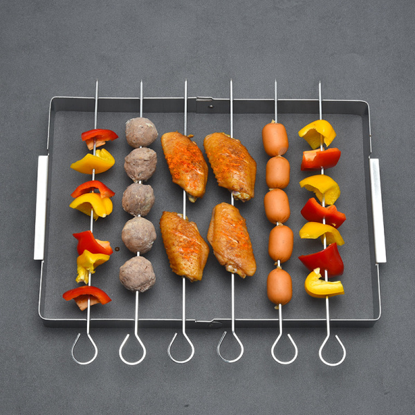 Stainless Steel Barbecue Skewer Kabob Set, 6pcs 12" Skewer Sticks with Foldable Large Grill Rack, Keeps Kabobs from Sticking to the Grill Grate