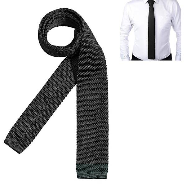 1 Stk Strikket Stof Slip Strikket Slip Halsbind Vaskbar Smal Jersey Ensfarvet Flad Slip Smal Flad Hoved Sort Black