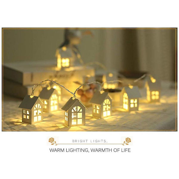 Julbelysning, 2m 10-LED Trähus Fairy Lights Rum Dekoration Varmvit, Batteridriven (ingår ej)