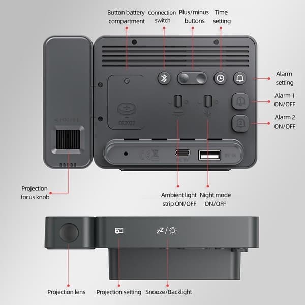 Digital projektionsväckarklocka med stor LED-display, Bluetooth-tidssynkronisering, USB-laddningsport, justerbar volym, sovrum, svart