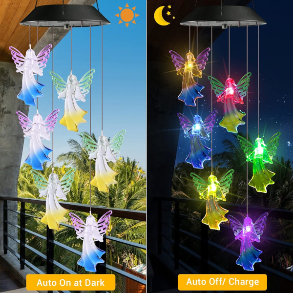 Sol vindspel, färgskiftande änglar vindspel, LED dekorativa mobiler, vattentäta utomhus vindspel ljus för trädgård, uteplats, fönster, veranda