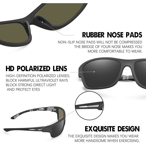 Polarisoidut Urheilulasit Miehille Ajamiseen, Pyöräilyyn, Kalastukseen - Aurinkolasit 100% UV-Suoja Goggles Mustat Linssit Black Lens