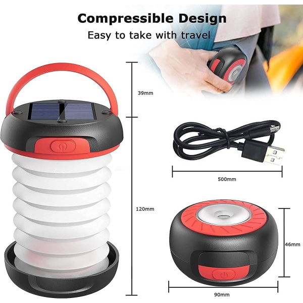 Solcelled Campinglampe Genopladelig Led Lygte 2 I 1 Udendørs Foldbar Lomme Teleskopisk Usb Kabel Batteri 3 Lysstyrke 800mah Max Varighed 12t Til Vandreture
