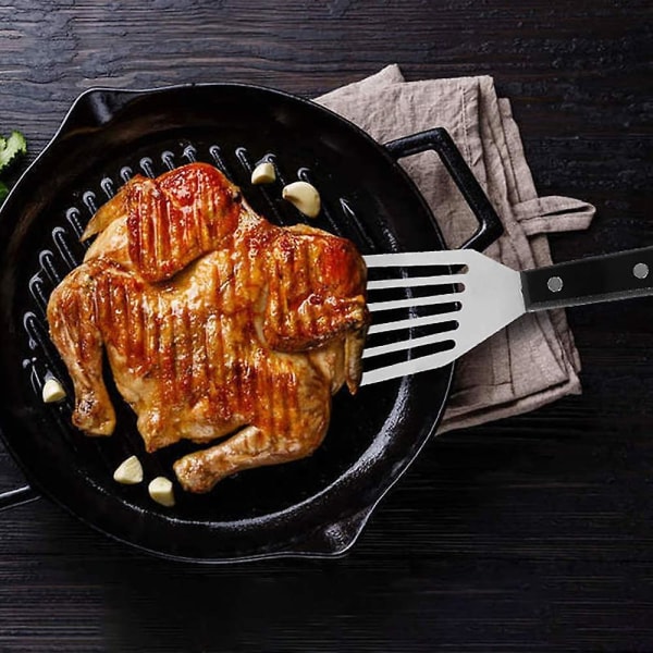 Fiskespade, Slidsgaffel i rustfrit stål, Robust nittet håndtag, Tåler opvaskemaskine, Køkkenmetalskede til vending, stegning og grillning (2 stk., Mu