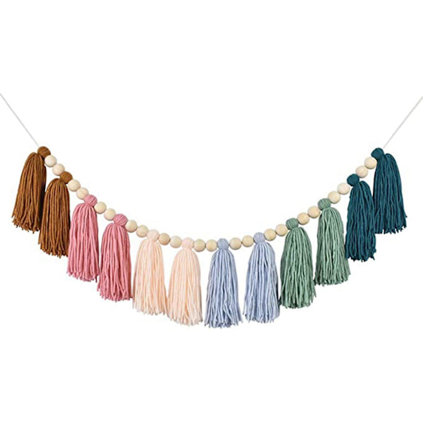 2x Boho-tyylinen tupsu-koriste puuhelmillä, maanläheisissä sateenkaaren väreissä, sopii luokkahuoneeseen, lastenhuoneeseen, juhliin ja lapsille