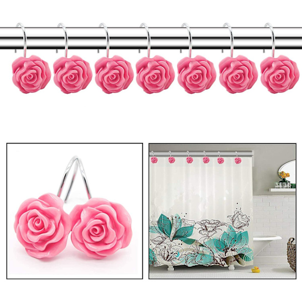 12 stk. Hjemmemode Dekorative Rustfrie Bruseforhængskroge Rose Design Bruseforhængsringe Kroge (rød)Pink Pink