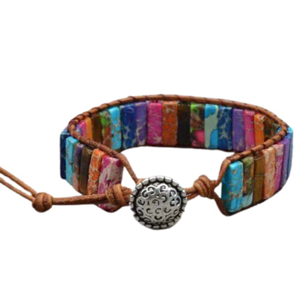 Chakraarmbånd Håndlavet Farverigt Armbånd Chakraperler Sten Læderindbundet Armbånd 32 colored stone round button_RY
