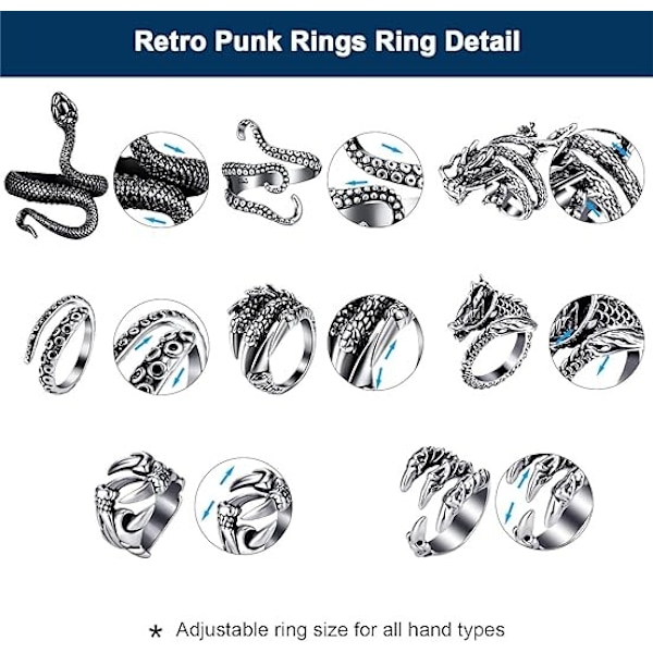 8 Vintage Punk Ringe - Drager, Slanger, Blæksprutter - Retro Åbne Justerbare Ringe Sæt Punk Stil