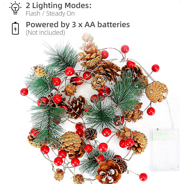 Julepynt med kjeglelys, 2m 20 LED julelys med røde bær klokke hage krans for juletre innendørs utendørs hage dekor