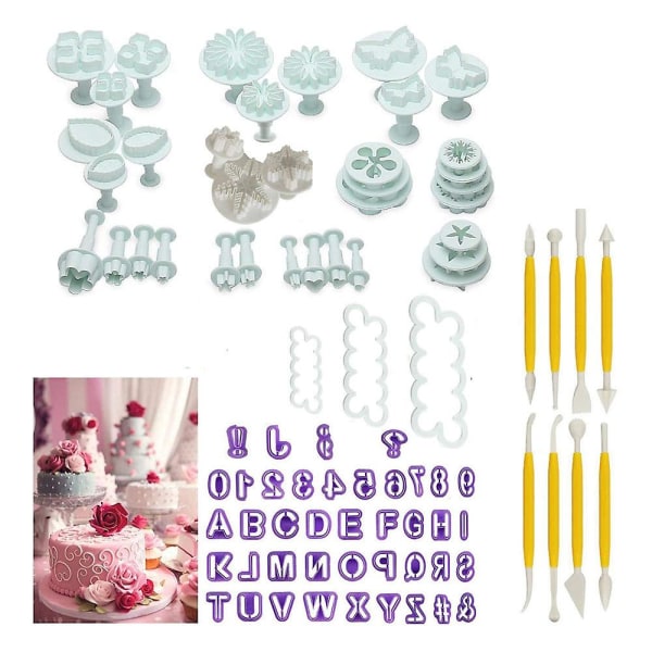 Kakaverktyg Blomfondant Kakdekorationsset Kexform Glasyrtryckare Fondantfjäder Präglingsform Skärverktyg 84 delar 84pcs