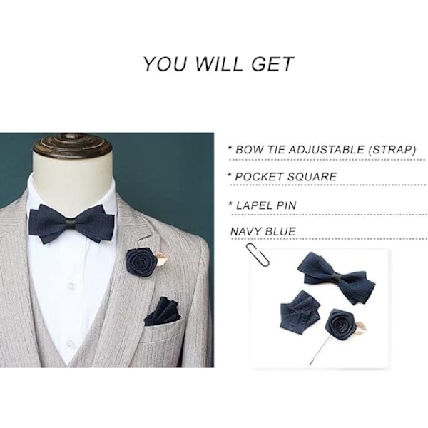 Sløjfe og lommetørklæde Lapel pin Sæt til Bryllup Formelle Lommetørklæde bryst blomst broche (3 stykker)