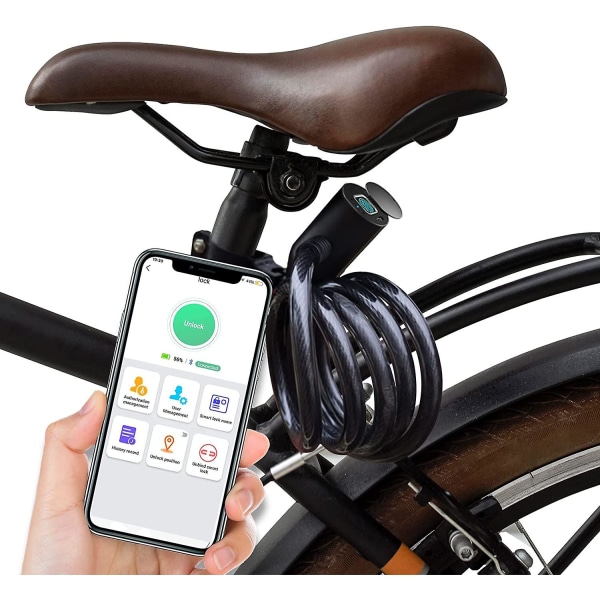 Cykelfingeravtryckslås, bärbar vattentät kabel med cykellåshållare, smart lås med 20 fingeravtryck, 12 mm ståltrådsskydd (svart)