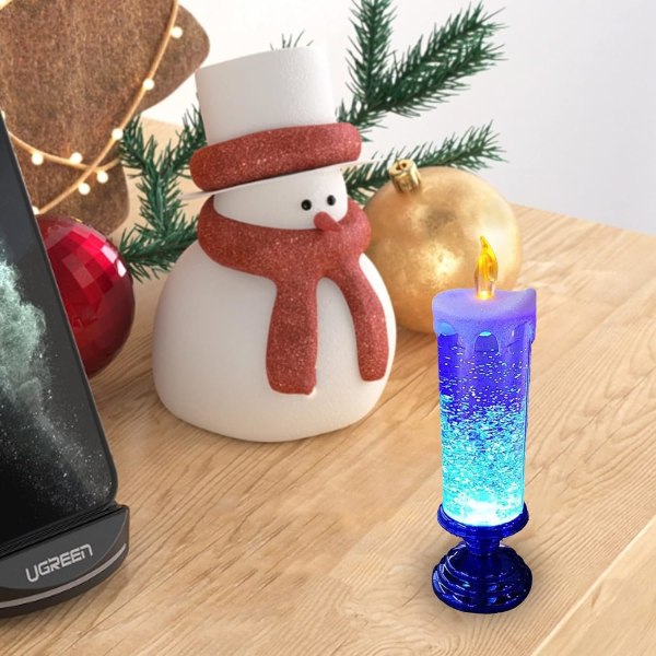 LED-julelys med piedestal, julehvirvlende glitter LED-stearinlys, USB genopladelig farve (blå)