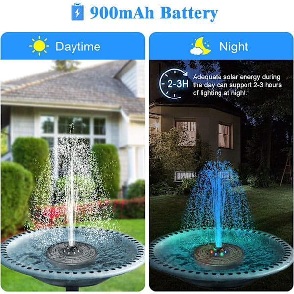 Solcellefontænepumpe, Opgraderet 3W Fontæne med 7 Dyser RGB Farvelys, Udendørs Fontænepumpe med Batteri til Fuglebad Havepool