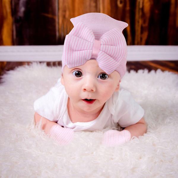 Barnkläder höst och vinter baby randig rosettformad hatt 4 st (Blå+vit+rosa+randig)