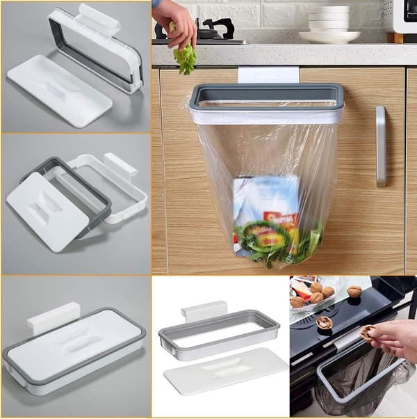 2-pack hängande soppåsehållare med lock, hållbar plast, borrfri design för kök, camping och resor, vit