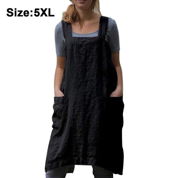 Løse hjemmeklær i bomullslin for kvinner, kryssryggforkle, pinafore-kjole for baking, matlaging, hagearbeid, arbeid 5XL svart 5XL Black