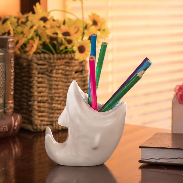 Sød hajformet pen blyantholder, hvid keramisk sukkulent potte til hjemmekontor dekoration skrivebordsorganisation, sæt med 1