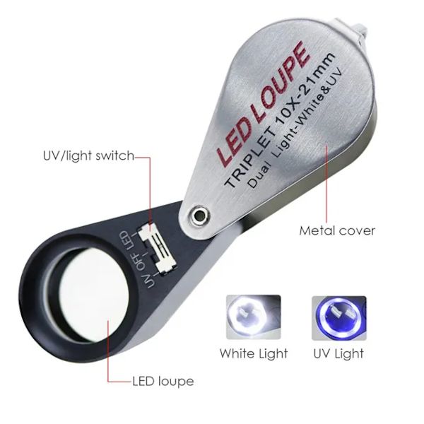 21mm Juveler Loupe Triplet Linse 10x Forstørrelsesglas med LED og UV Lys, til Ædelstensentusiaster