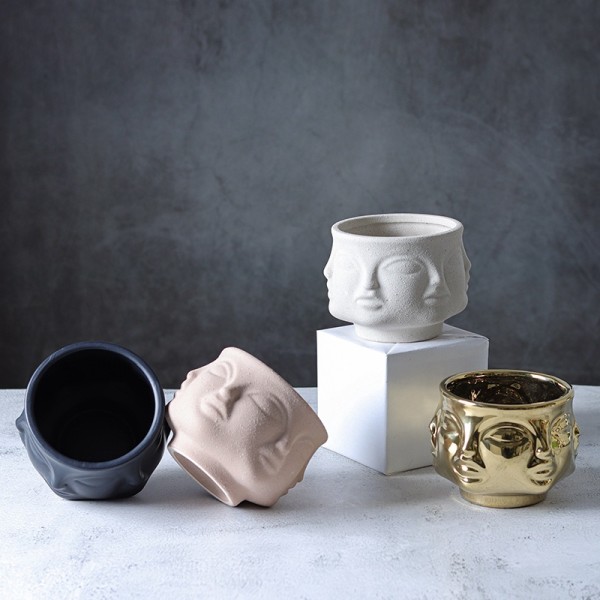 Dekorativ keramikkskål i gull med ansiktsmønster, smykkeholder og nøkkelholder, stuedekor vase
