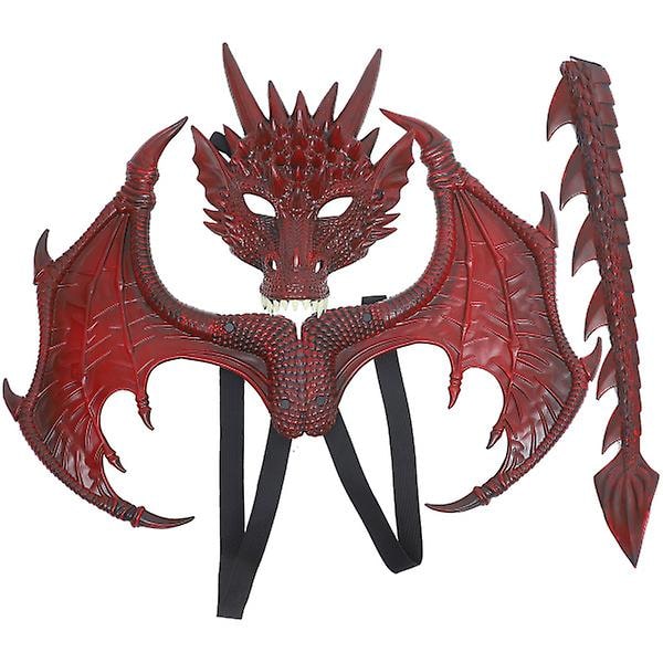 1 Set Lasten Lohikäärmeasu Dinosauruksen Hännän Maski Siivet Sarja Halloween Cosplay Asun Punainen 30X24CM Red 30X24CM