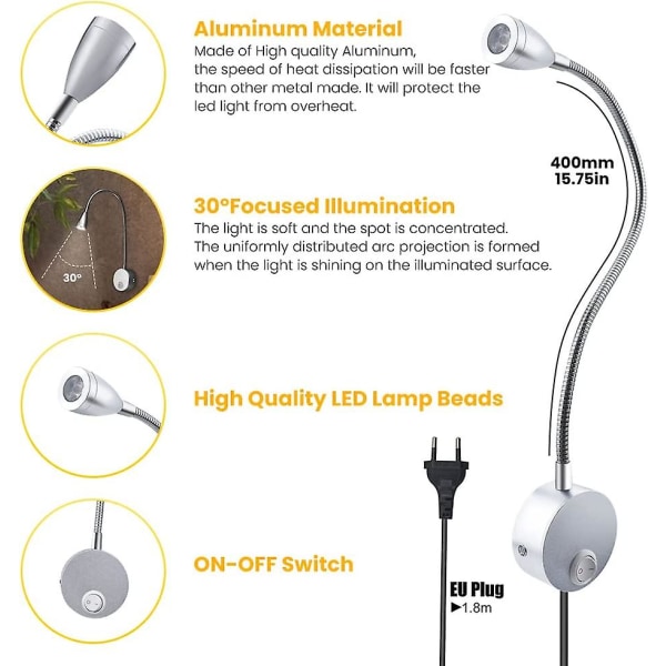 3W Flexibel Väggläslampa med Europeiskt Stickkontakt och Strömbrytare, Vägglampor för Läsning, Läslampa för Böcker, Sovrum (2 stycken, Varm Ljus)