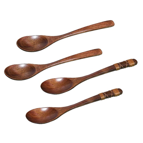 4pcs Wood Spoons With Tied Line On Handle Stirring Soup Spoon Jam Spoon Tableware (1+4)20X4X1cm