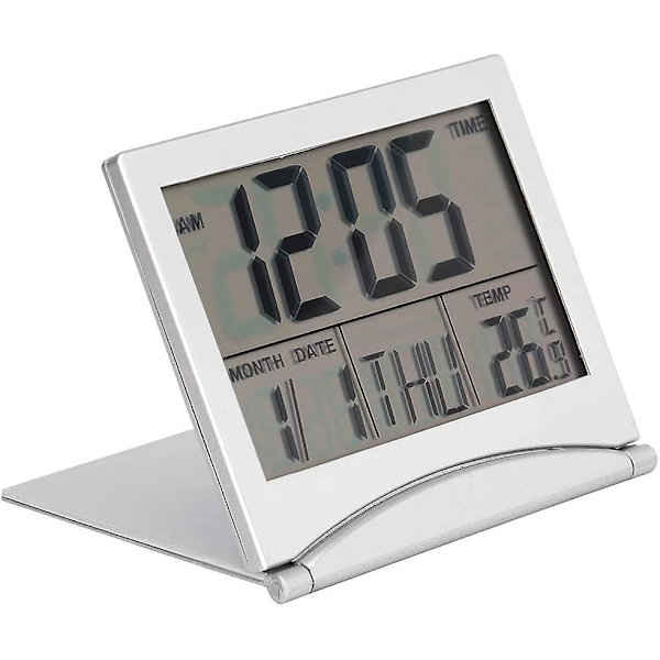 Digital vækkeur, bærbar, foldbar, temperatur, kalender, snooze, LED-display, med læderbetræk (1 stk., sølv)