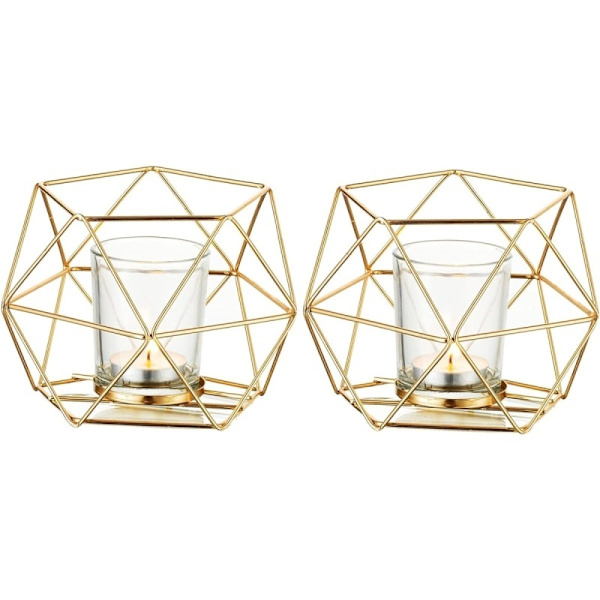 2 st Tealight-hållare Guld - Hållare för Te-ljus Dekorativ Ljusstake Accenter för Hembord Hylla Modern Geo Dekoration