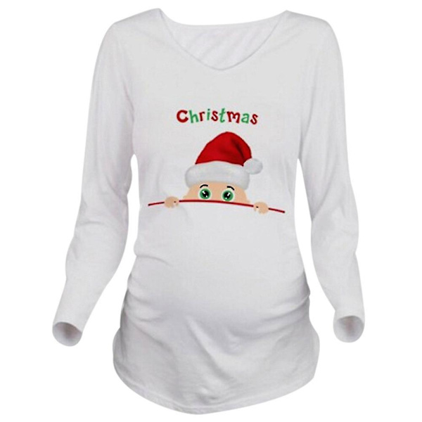 Raskaana olevalle naiselle pyöreä kaulus Joulupukin kuvio hengittävä T-paita joulujuhliin, valkoinen, pitkät hihat White Long Sleeves s