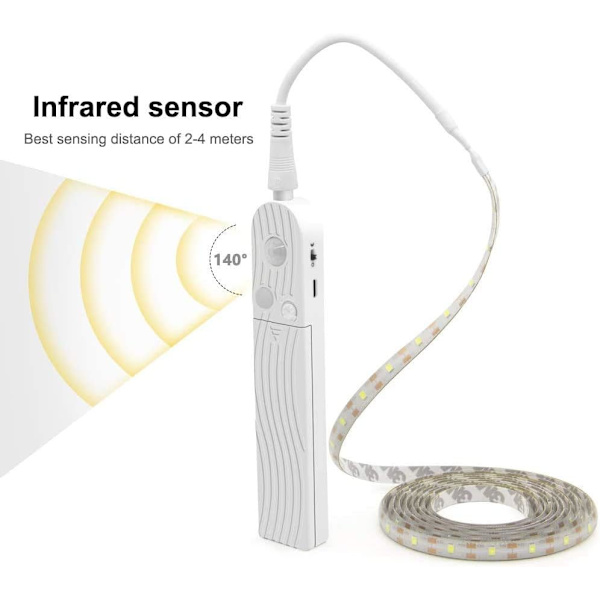 (Varmt Hvidt, 3M x 1Pakke) LED Under Skab Belysning Bevægelsessensor, 10Ft Fire Tilstande Seng Trapper Garderobe Lampe Tape, Vandafvisende 5V USB