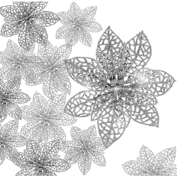 30 stk. Juleglitter-Juleblomst, 8/10/15 cm Juletræspynt Juleblomst Dekoration Pynt til Krans Garland (Sølv)