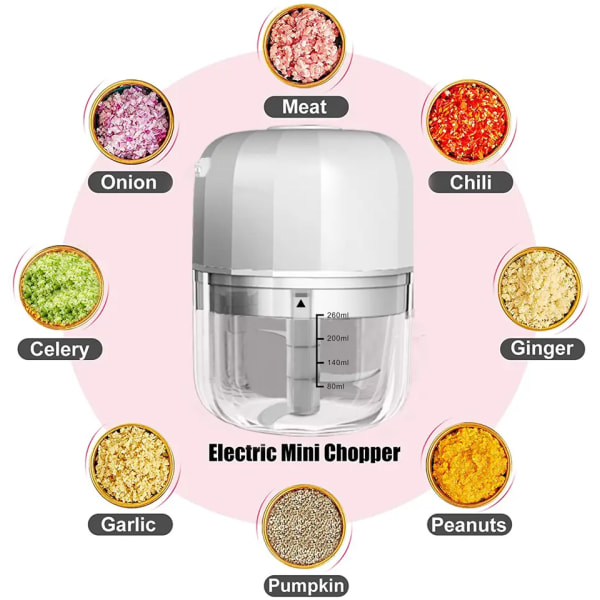 Elektrisk vitlökhackare, Mini Bärbar Grönsakshackare, 260ML Vitlöksmalare Mosare Lökhackare, Blender till Grönsaker, Trådlös F