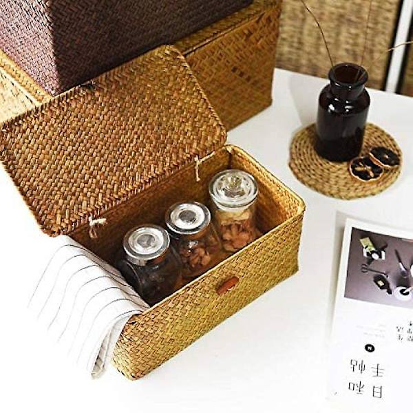 Rattan Korg Havgräs Förvaringskorg Med Lock Naturligt Material (liten 26cmx16cmx10cm H)
