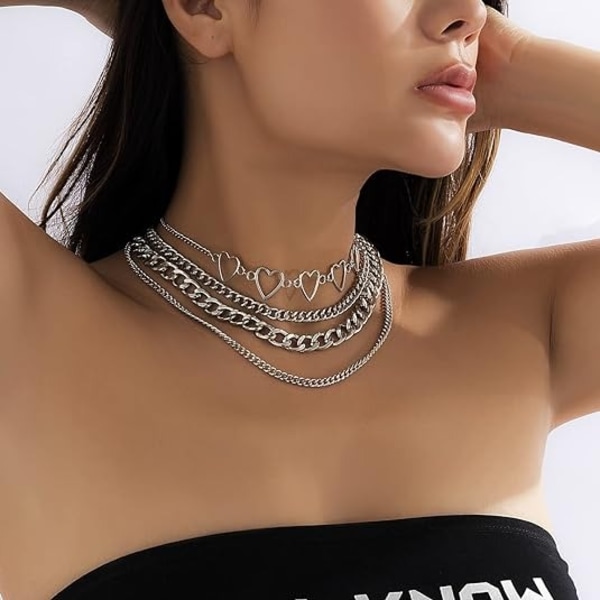 Enkelt hjärta Halsband Choker Chain Layered Cuban Chunky Silver Chain Halsband för kvinnor Män Flickor Chic y2k Kläder Smycken