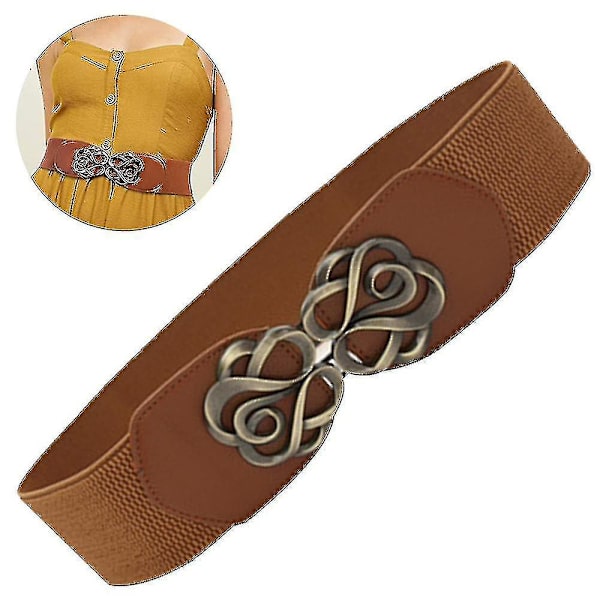 Breda elastiska midjebälten för damer, retro stretchklänningsbälte, brun Brown