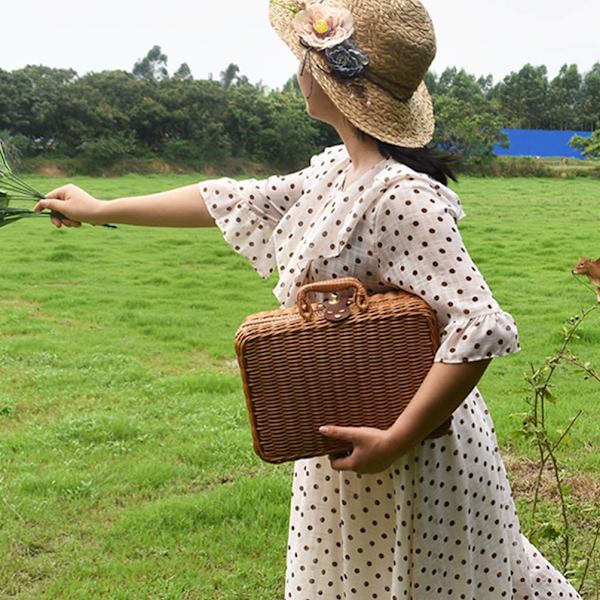 Picnic Kurv med Liner Flet Kurv Opbevaring Vintage Flet Håndtaske Rustik Picnic Kurv Makeup Opbevaringsboks til Camping