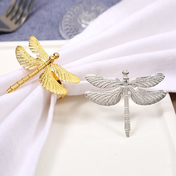 2PCS Dragonfly Serviettring Gull DIY Hotell Bryllup Bankett Bordskjerm Metall Serviettspenne (Gull / Sølv)