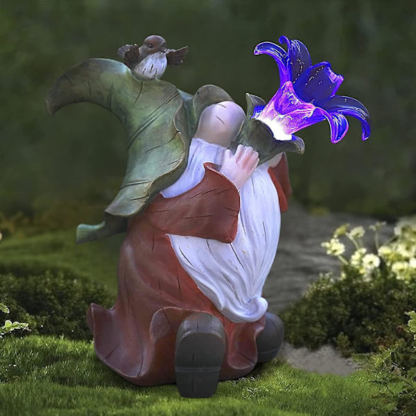 Hagegnom Statue - Resin Gnomen Figurer som Spiller Blomster - Liten med Solcelle-LED Lys, Utendørs Vårhageplen Dekorasjon, Dekorasjoner