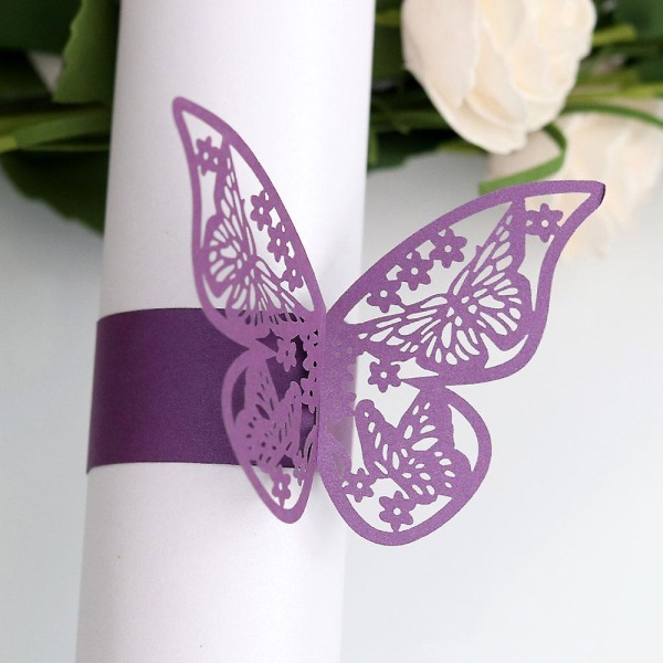 100 st Butterfly Paper Servettringar Bröllop Fest Serviett Bordsdekoration Restaurang Genombruten Butterfly Paper RingDeep Purple Deep Purple