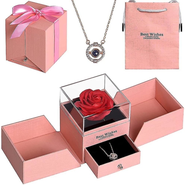 Röd ros smycken presentförpackning för kvinnor, Eternal Rose presentask med I Love You