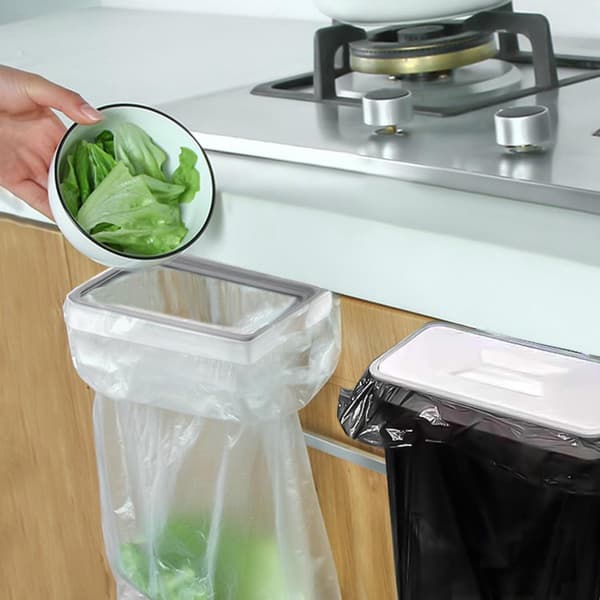 2-pack hängande soppåsehållare med lock, hållbar plast, borrfri design för kök, camping och resor, vit