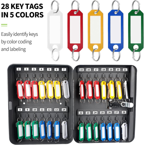 Stålnøgleskab med 28 nøgler med kombinationslås Vægmonteret nøgleorganisator med nulstillelig kode Numerisk boks og 5 farver nøglebrik