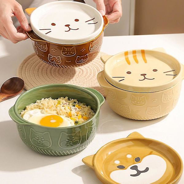 Cartoon Japanska Keramiska Katt- och Hundnudlar med Lock Söta Djursoppsallad Frukt Skål Köksbord