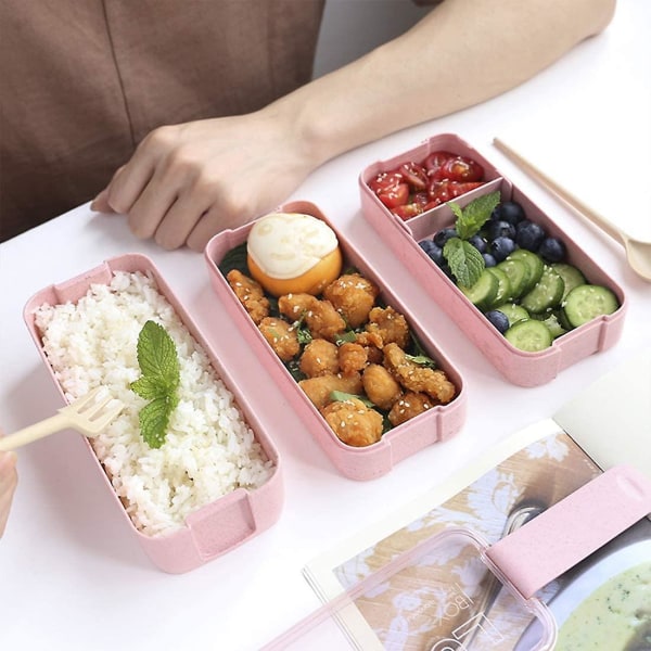 Matboks Lunsjboks Bento Box Lunsjboks for barn og voksne med 3 rom Lekkasikker mikrobølgeovn laget av hvete biologisk nedbrytbar plast-frrotg rotg