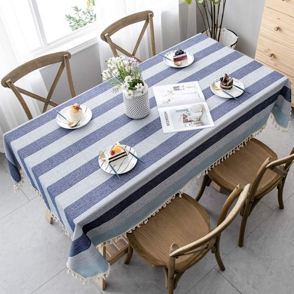 Splisset støvtett duk, rektangulær duk, dekorativ stripet hage tebord (140*300cm, Blå og hvit)
