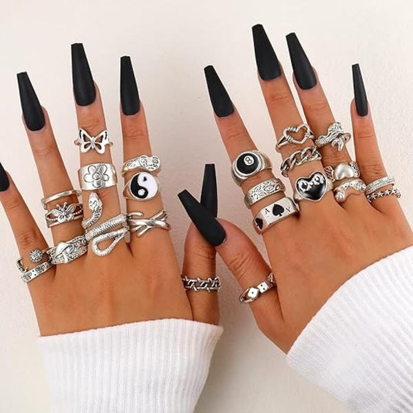 Vintage Sølv Åbne Punk Ringe til Mænd Kvinder, 24 stk. Justerbare Ringe, Alt Ringe, Klodsede Sølv Ringe, Voluminøse Ringe, Hippie Ringe