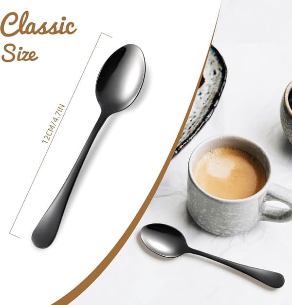 Sæt med 6 mini dessertskeer, rustfrit stål, tåler opvaskemaskine, til kaffe, te og desserter, sort
