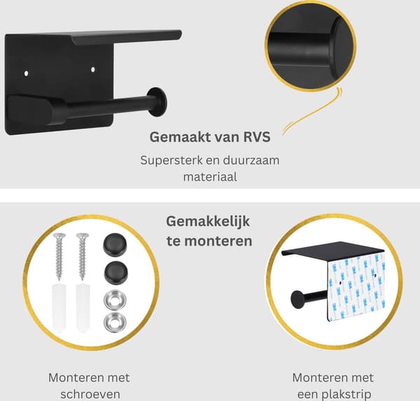 Selvklæbende toiletpapirholder med hylde, vægmonteret toiletpapirholder i rustfrit stål uden boring til badeværelset, sort