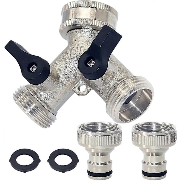 RYO_2-veis hageslangesplitter, 2-veis krankobling med individuell av/på og to hurtigkoblinger, 3/4\" krank Y-splitter messing slangekobling - Sølv